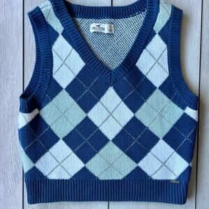Hollister Argyle Crop Sweater Vest Small Layers Preppy Blue Diamond